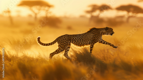 A majestic cheetah strides gracefully through a golden, sunlit savanna, embodying speed and power in its natural habitat. © VK Studio