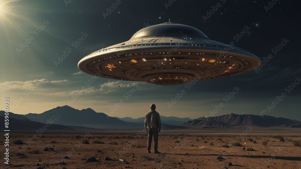 Man Observing UFO in Desert Man Observing UFO in Desert