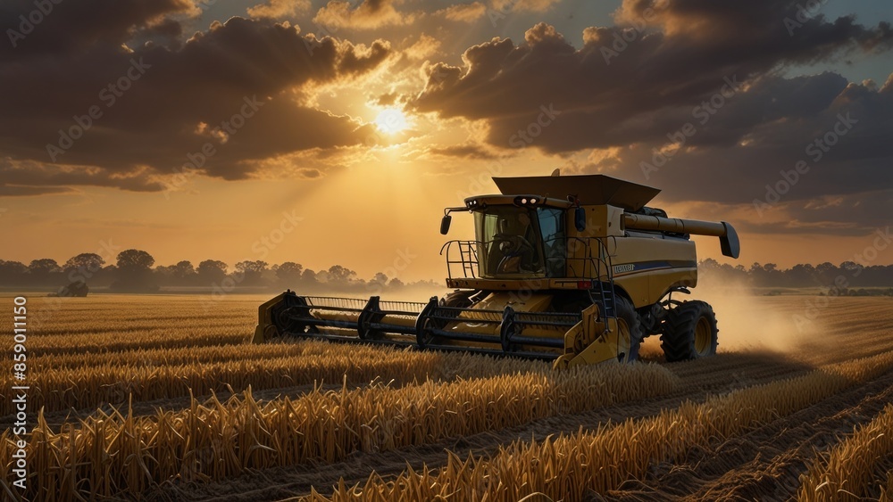 Fototapeta premium Harvesting Wheat at Sunset