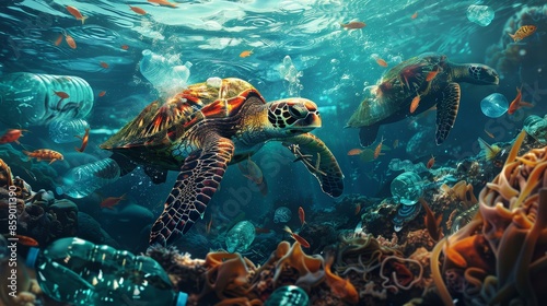 A turtle is swimming in the ocean with plastic debris photo