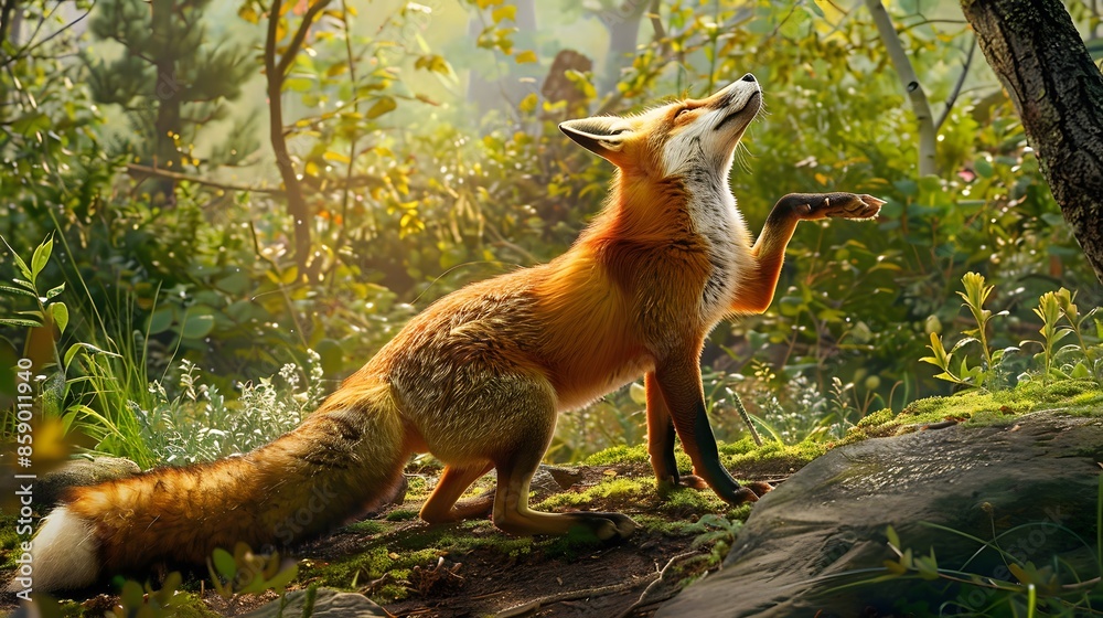 Naklejka premium Funny red fox stretches. Concept - funny animals in the wild.