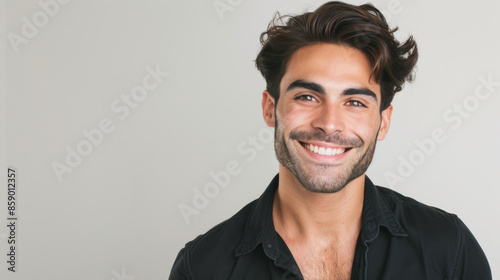 A young man with a light beard and tousled hair smiles warmly, exuding confidence against a neutral background. © VK Studio