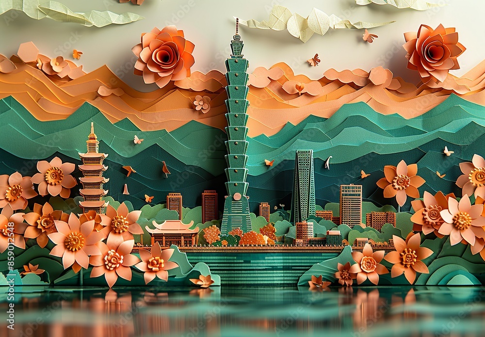 Obraz premium An intricate paper craft of the vibrant city of Taipei, Taiwan, capturing the iconic Taipei 101, the bustling Shilin Night Market, and the serene Chiang Kai-shek Memorial Hall. Illustration,