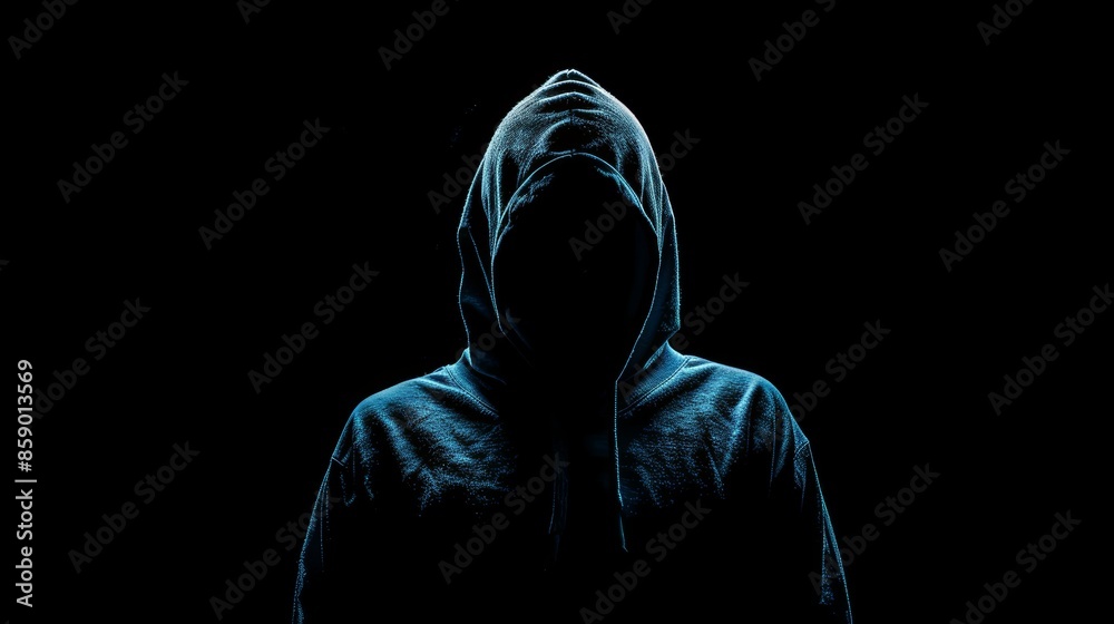 Silhouette of a mysterious man with a hoodie, isolated on a black background, anonymity, secrecy, enigma. Silhouette of a mysterious man with a hoodie, isolated on a black background, anonymity, secrecy, enigma.