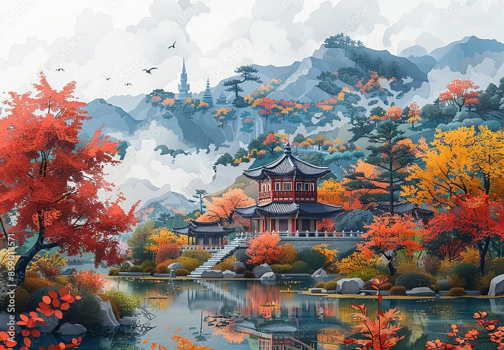 Fototapeta premium A stunning paper craft illustration of the ancient city of Gyeongju, South Korea, showcasing the historic Bulguksa Temple, the serene Anapji Pond, and the vibrant fall foliage. Illustration,