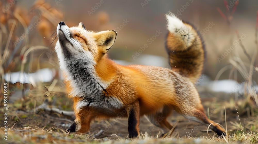 Funny red fox stretches. Concept - funny animals in the wild.
