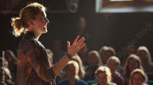 A speaker passionately addresses an attentive audience in a dimly lit room, capturing the intensity and engagement of the moment. photo