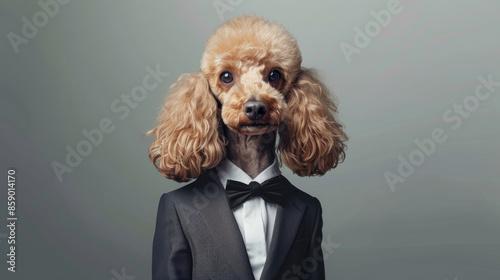 A poodle dressed in a tailored suit and bowtie strikes a charming pose against a neutral background.