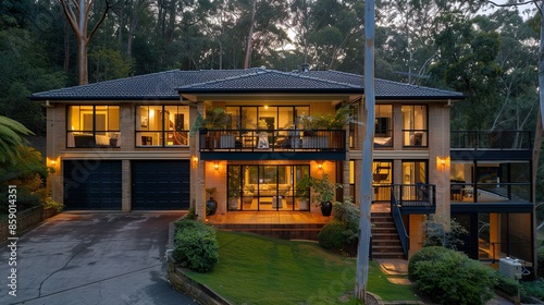 Contemporary House with Large Windows and Lush Green Lawn at Twilight