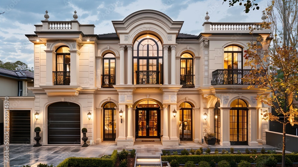 Obraz premium Charming Suburban House with Well-Maintained Lawn and Evening Glow
