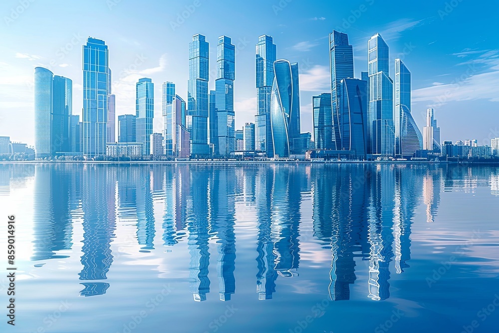 Fototapeta premium Modern city skyline with skyscrappers and reflection created with Generative AI