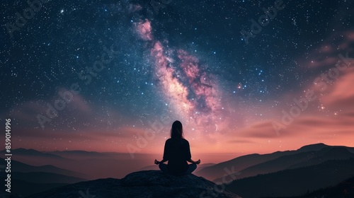 Silhouette of young woman meditating in lotus pose on mountain peak under starry sky, Milky Way, feeling calm and happy, yoga, serenity, night sky.