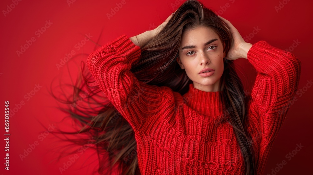 Young woman wearing a red knitted sweater with long flowing hair against a red background. Young woman wearing a red knitted sweater with long flowing hair against a red background.