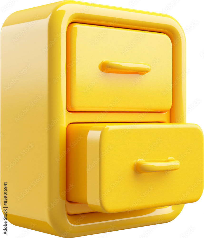 Yellow two-drawer cabinet icon with open bottom drawer isolated on transparent background. Yellow two-drawer cabinet icon with open bottom drawer isolated on transparent background.