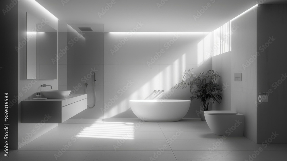 Luxurious bathroom interior with a bathtub, sink, toilet, and large windows. AI. Luxurious bathroom interior with a bathtub, sink, toilet, and large windows. AI.