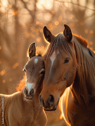 A beautiful mare and her foal. AI. photo