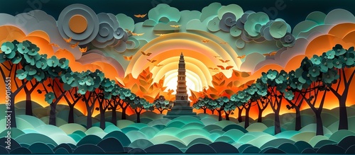 Exquisite paper art depiction of Vientiane's Patuxai, featuring the iconic war monument and surrounding park in a meticulously crafted and vibrant paper design. Illustration, Minimalism, photo