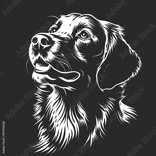 A black and white drawing of a golden retriever dog