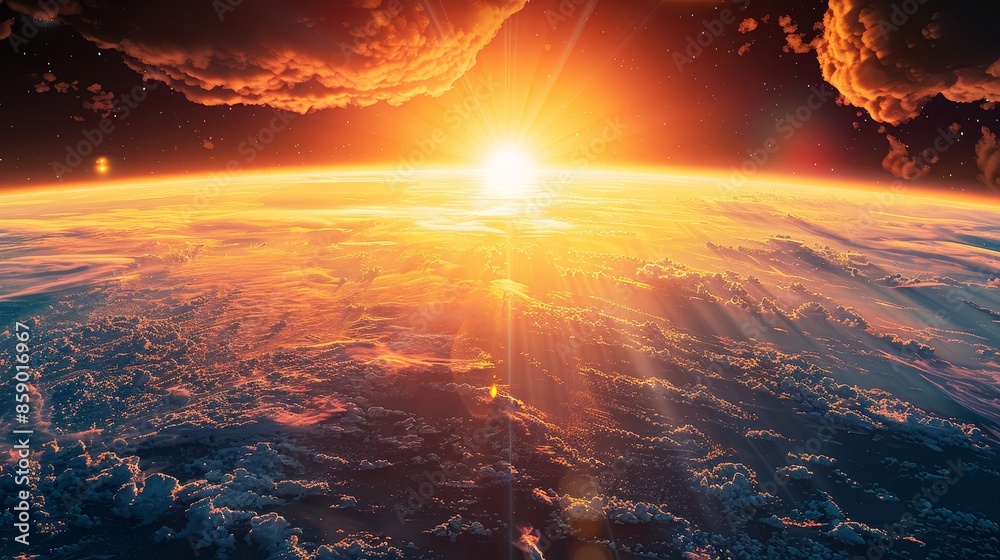 A sun is rising over a planet with clouds in the sky A sun is rising over a planet with clouds in the sky
