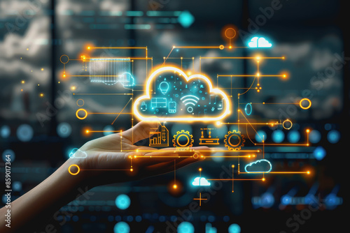 business technology cloud storage concept with backup social media data information icons.