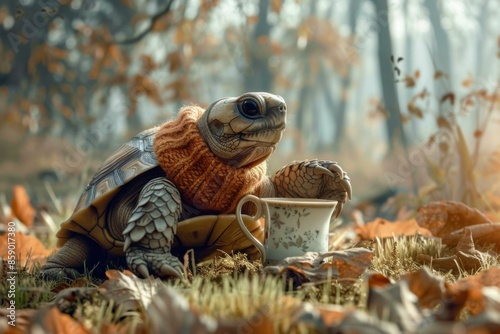 A turtle wearing a cozy orange sweater enjoys a cup of tea in the autumn forest. AI. photo