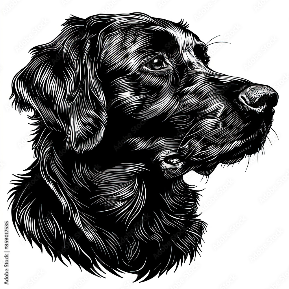 A black and white drawing of a golden retriever dog A black and white drawing of a golden retriever dog