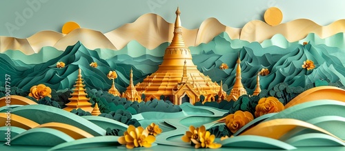 Intricate paper craft artwork of Yangonâ€™s Shwedagon Pagoda, showcasing the stunning golden stupa and surrounding complex in a beautifully detailed and vibrant design. Illustration, Minimalism, photo