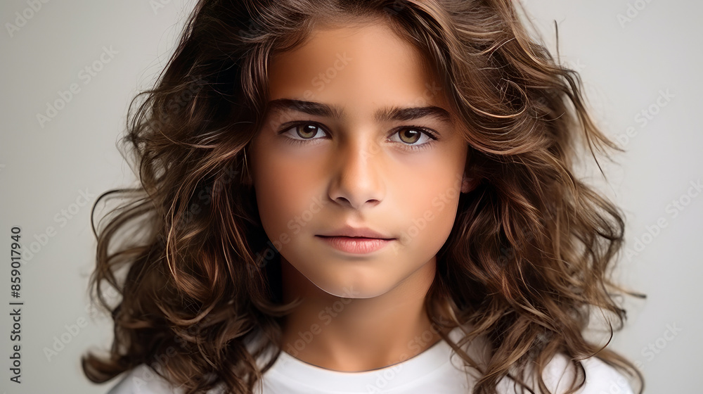 Portrait of a cute happy Hispanic Latino boy child with long hair and perfect skin, white background, banner. Portrait of a cute happy Hispanic Latino boy child with long hair and perfect skin, white background, banner.