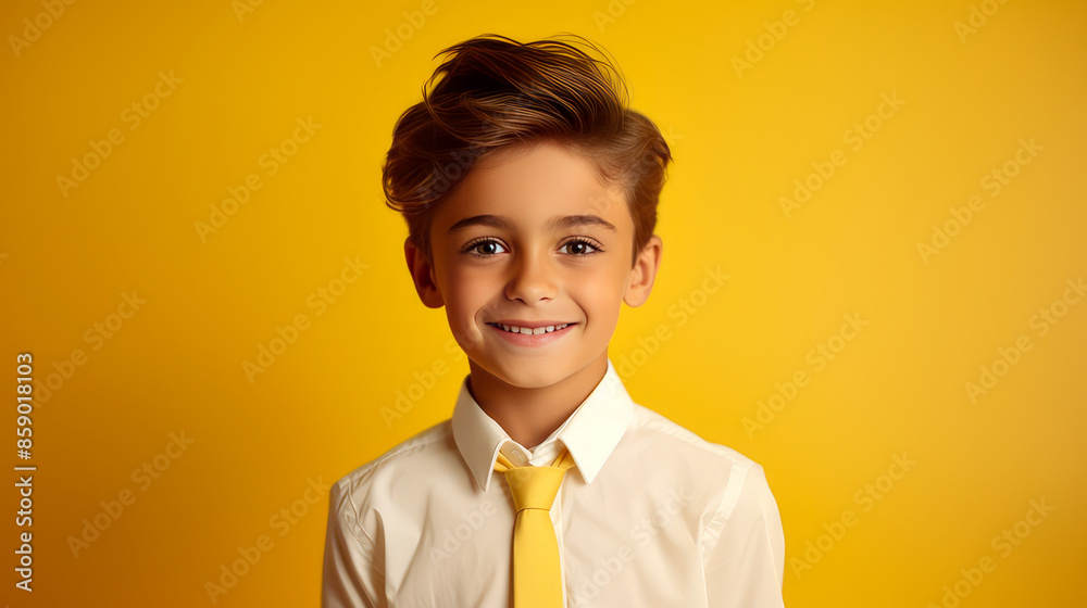 Portrait of a cute happy Hispanic Latino boy child with perfect skin, yellow background, banner. Portrait of a cute happy Hispanic Latino boy child with perfect skin, yellow background, banner.