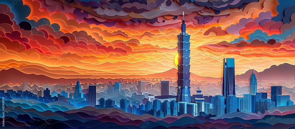 Obraz premium Intricate paper cut artwork of Taipei 101, showcasing the towering skyscraper against the backdrop of a bustling cityscape in a beautifully detailed and colorful style. Illustration, Minimalism,