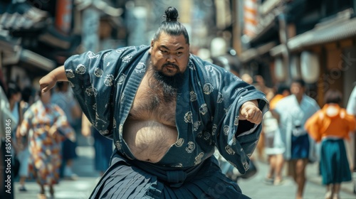 A sumo wrestler in a traditional Japanese street. AI.