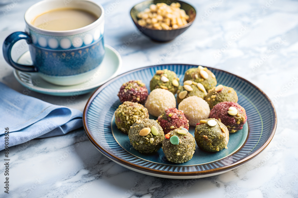 A plate of colorful ladoos garnished with chopped nuts, set on a decorative plate with a cup of chai A plate of colorful ladoos garnished with chopped nuts, set on a decorative plate with a cup of chai