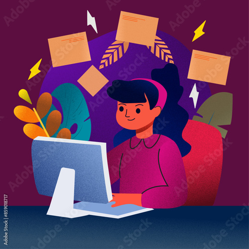 A woman sitting on a chair next to her table and working on her computer