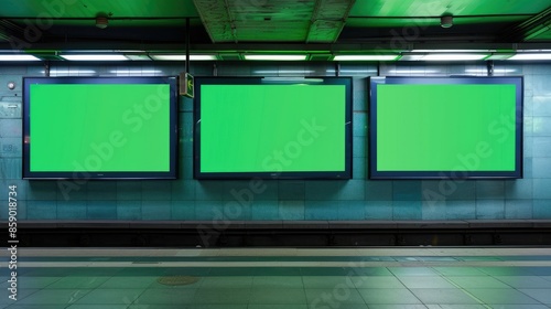 Front View of Three Billboard with Chroma Key Green Screen in the Subway