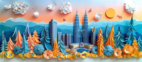 Meticulously crafted paper illustration of Kuala Lumpur's Petronas Towers, highlighting the impressive skyline and vibrant city life in a detailed and colorful style. Illustration, Minimalism, photo