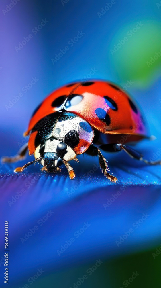 Fototapeta premium Trending macro shot of a vibrant ladybug on a striking blue petal