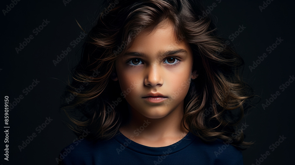 Portrait of a cute happy Hispanic Latino boy child with long hair and perfect skin, dark blue background, banner. Portrait of a cute happy Hispanic Latino boy child with long hair and perfect skin, dark blue background, banner.