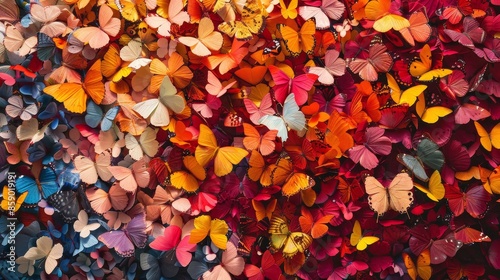 A colorful butterfly display with many different colored butterflies