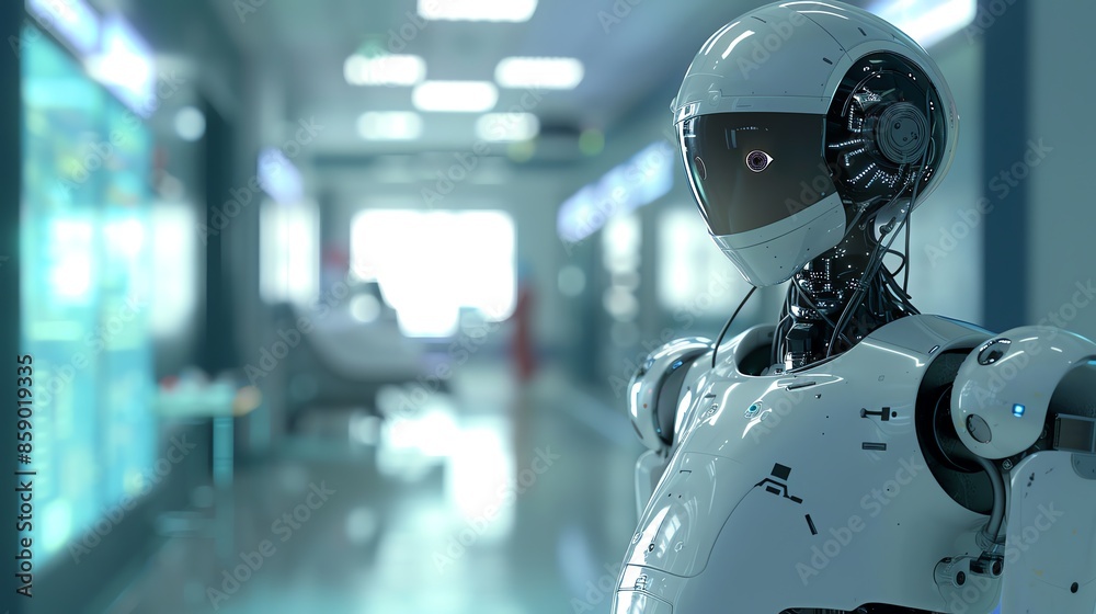 A futuristic humanoid robot stands in a sterile laboratory corridor A futuristic humanoid robot stands in a sterile laboratory corridor