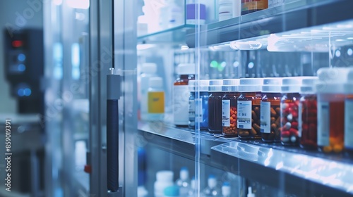 A glass-door refrigerator stocked with rows of colorful bottles and vials, showcasing a variety of medications.