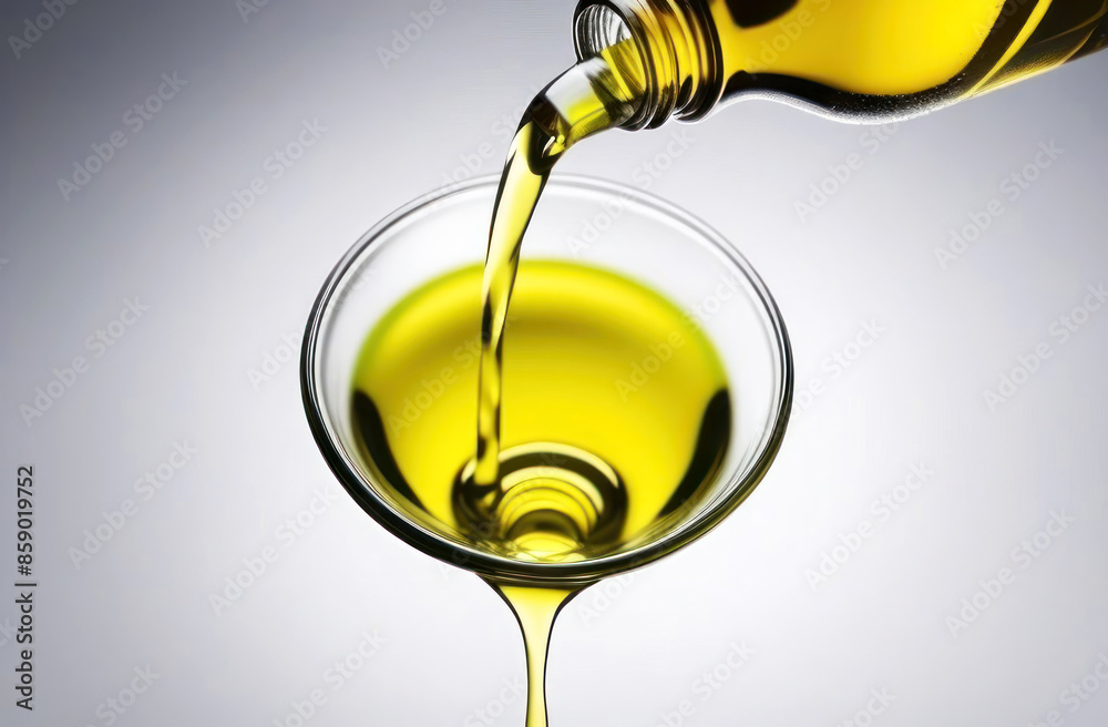 Fototapeta premium Golden liquid sunshine: a captivating close-up of olive oil being poured into a clear glass dish