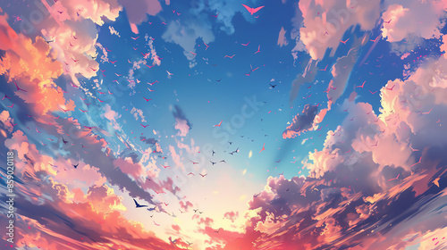 Stunning digital illustration of a vibrant sunset sky with colorful clouds and flying birds, filled with serene and captivating beauty.