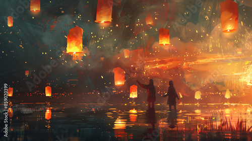 Two people holding hands and watching glowing lanterns float into the night sky over a calm lake, creating a serene and magical atmosphere.