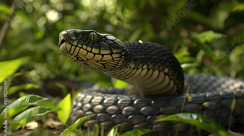 3d King Cobra Black Snake The world's longest venomous snake isolated on green background, King cobra snake 3d illustration, King cobra snake 3d Rendering. 