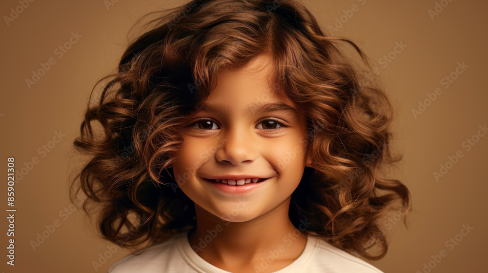 Portrait of a cute happy Hispanic Latino boy child with long hair and perfect skin, creamy beige background, banner. Portrait of a cute happy Hispanic Latino boy child with long hair and perfect skin, creamy beige background, banner.