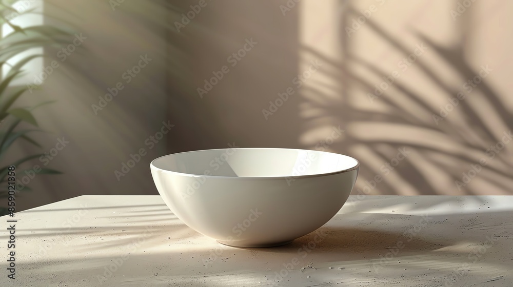 White ceramic bowl on a table with sunlight and shadows.