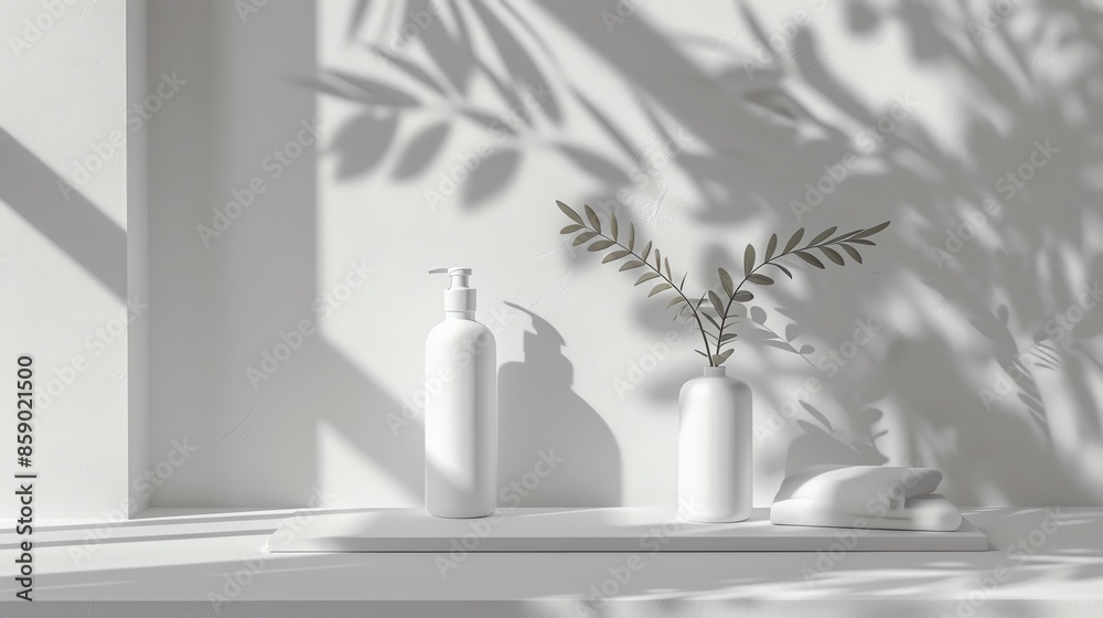 Minimalist white aesthetic with plant shadows, perfect for product display