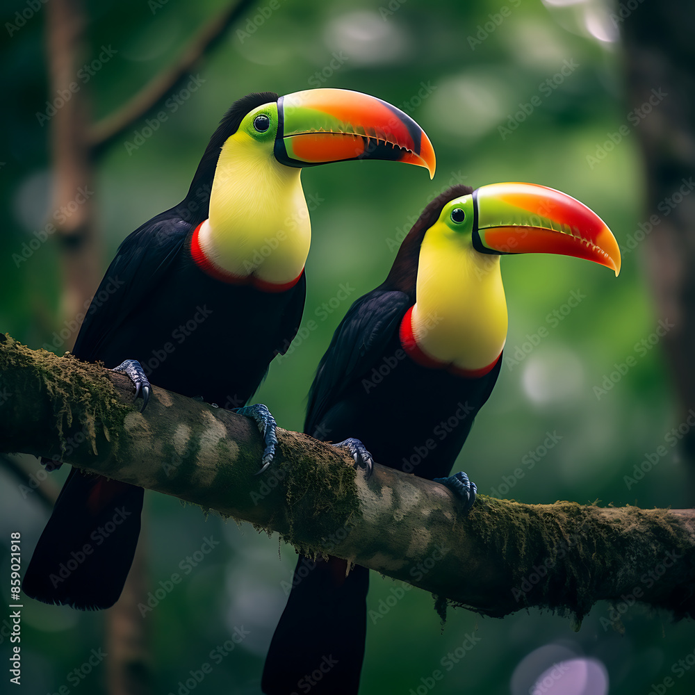Fototapeta premium Beautiful couple of toucans on a branch in the forest