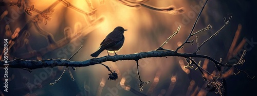 A bird sits on a dry branch in the beautiful late morning light photo