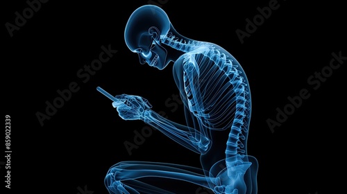 A detailed X-ray illustration showing a human skeleton using a mobile phone, poor posture effects, back and neck pain